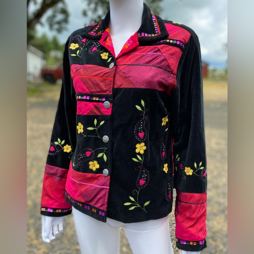 SANDY STARKMAN Vintage Patchwork Velvets & Silk Jacket - M